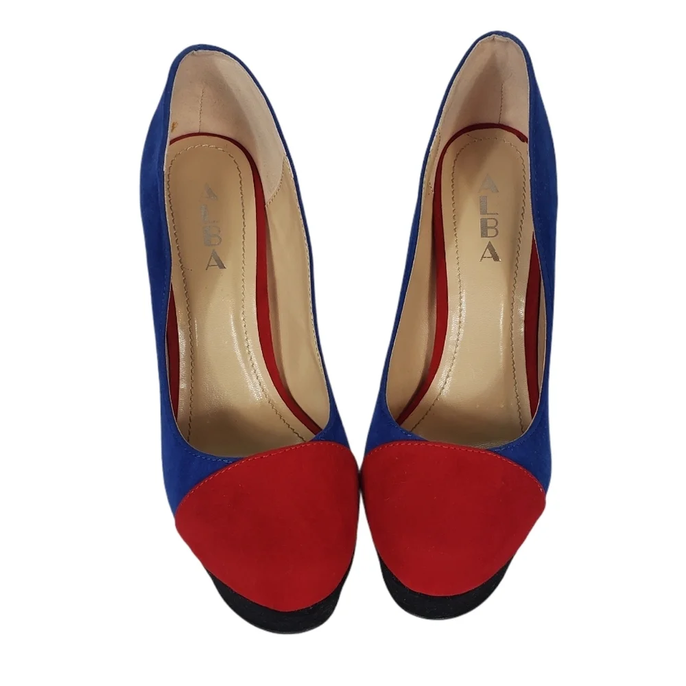 Faux Suede Colorblock Platform Heels Size 8.5 Round Toe Chunky Cosplay Costume